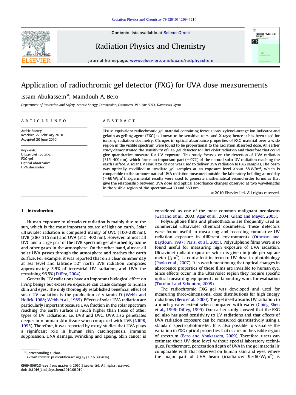 Application of radiochromic gel detector (FXG) for UVA dose measurements