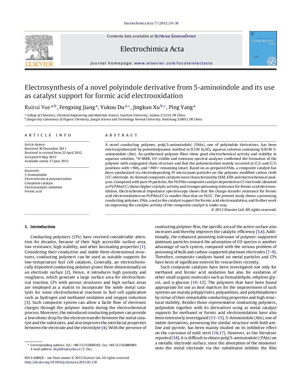 Electrosynthesis of a novel polyindole derivative from 5-aminoindole and its use as catalyst support for formic acid electrooxidation