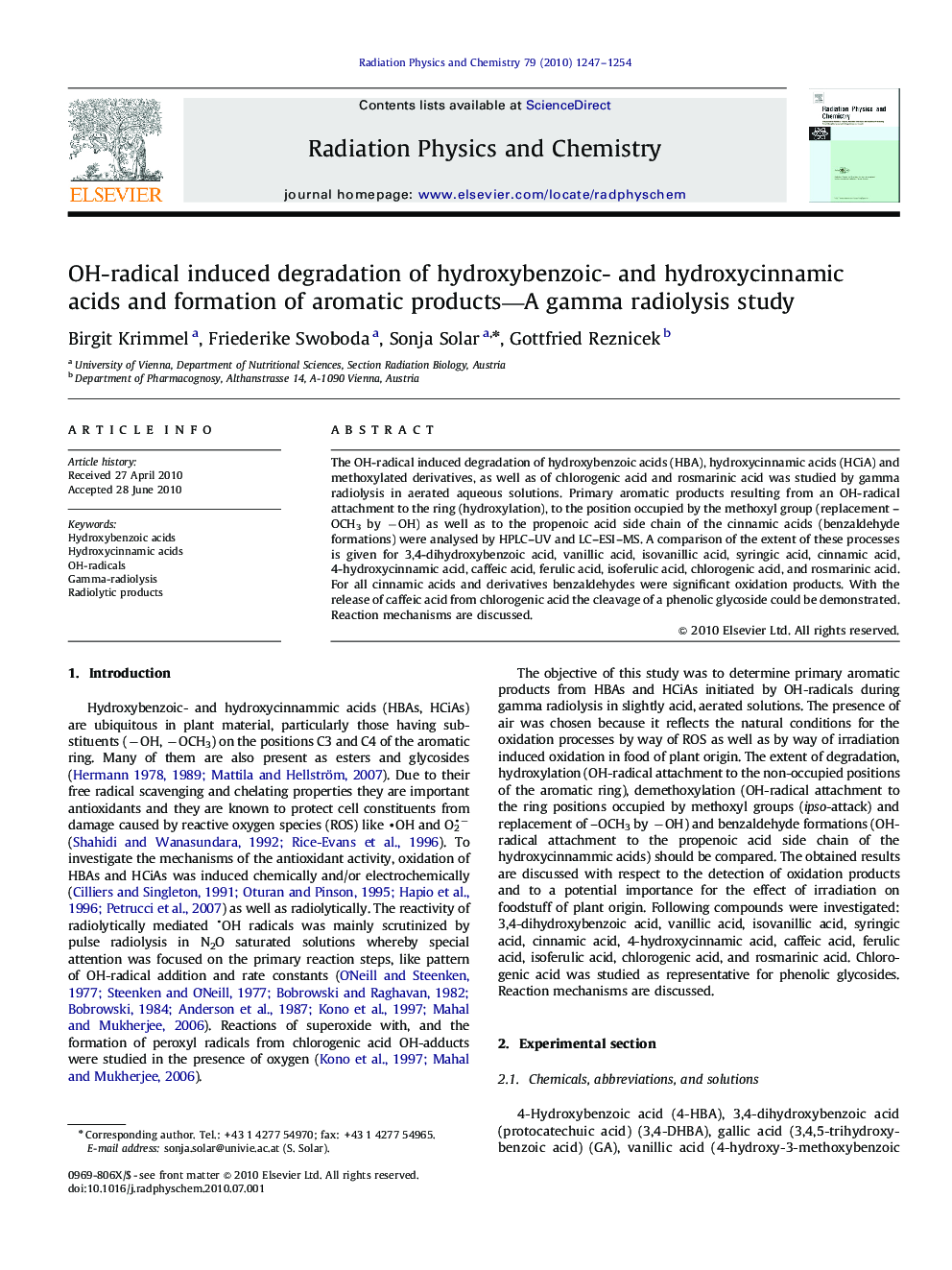 OH-radical induced degradation of hydroxybenzoic- and hydroxycinnamic acids and formation of aromatic products—A gamma radiolysis study