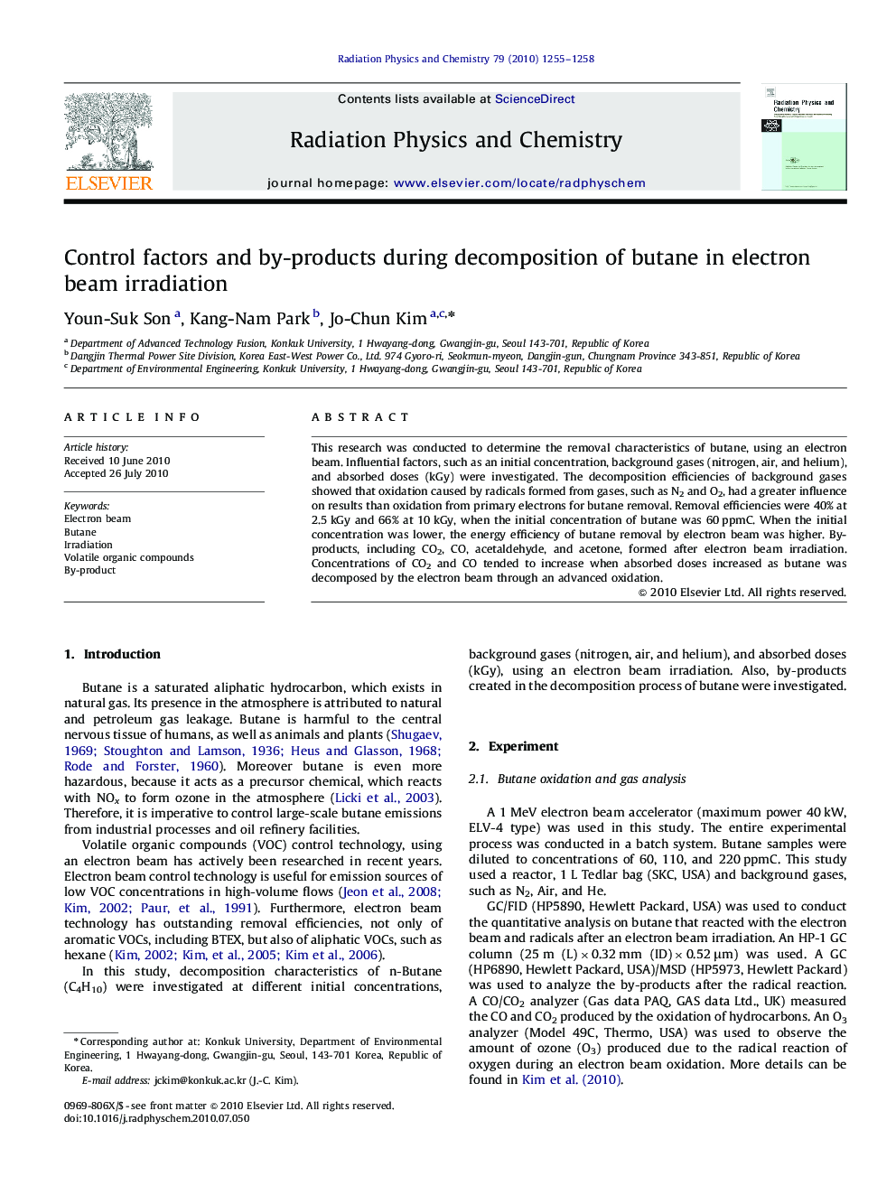 Control factors and by-products during decomposition of butane in electron beam irradiation