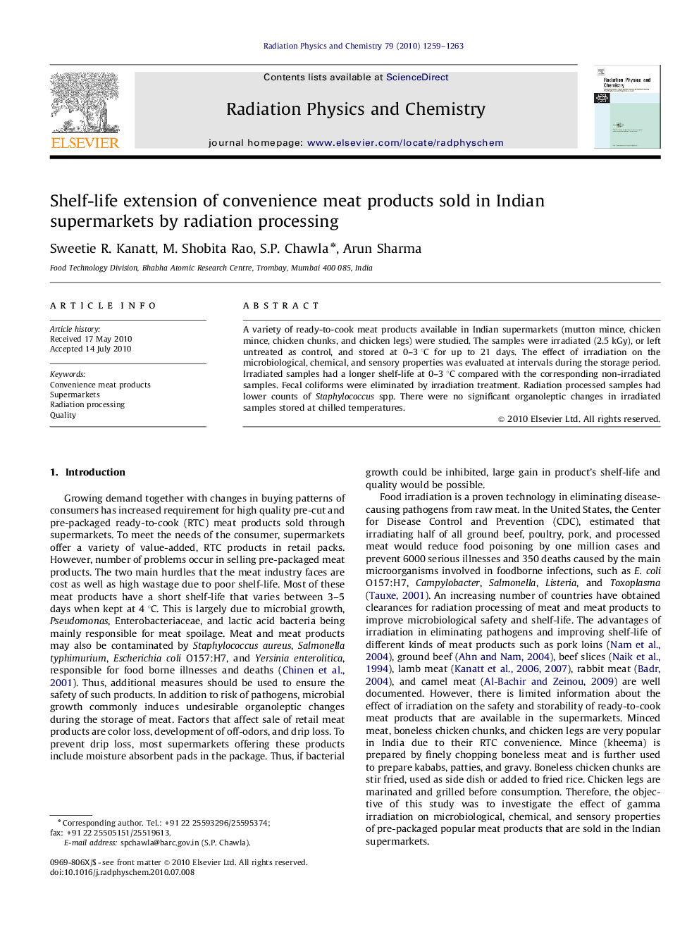 Shelf-life extension of convenience meat products sold in Indian supermarkets by radiation processing