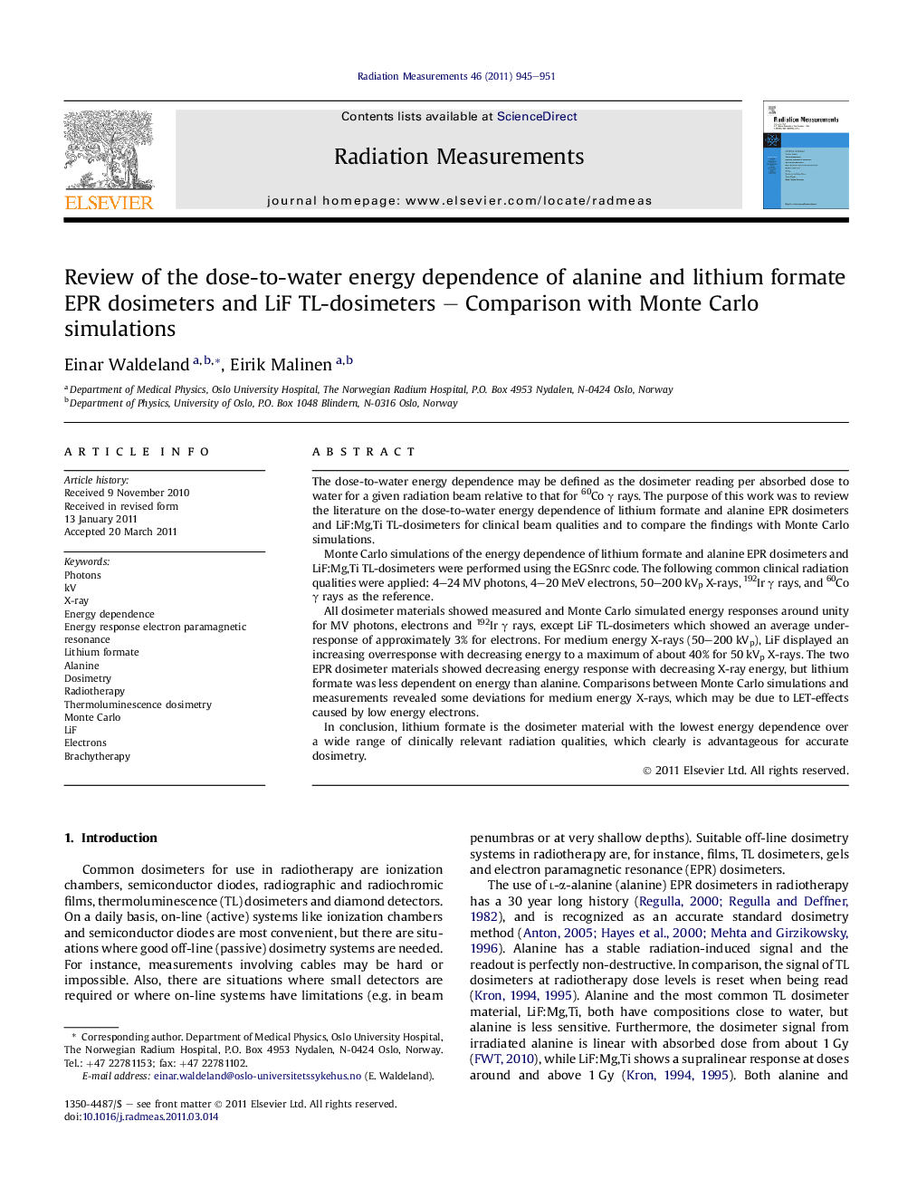 Review of the dose-to-water energy dependence of alanine and lithium formate EPR dosimeters and LiF TL-dosimeters – Comparison with Monte Carlo simulations