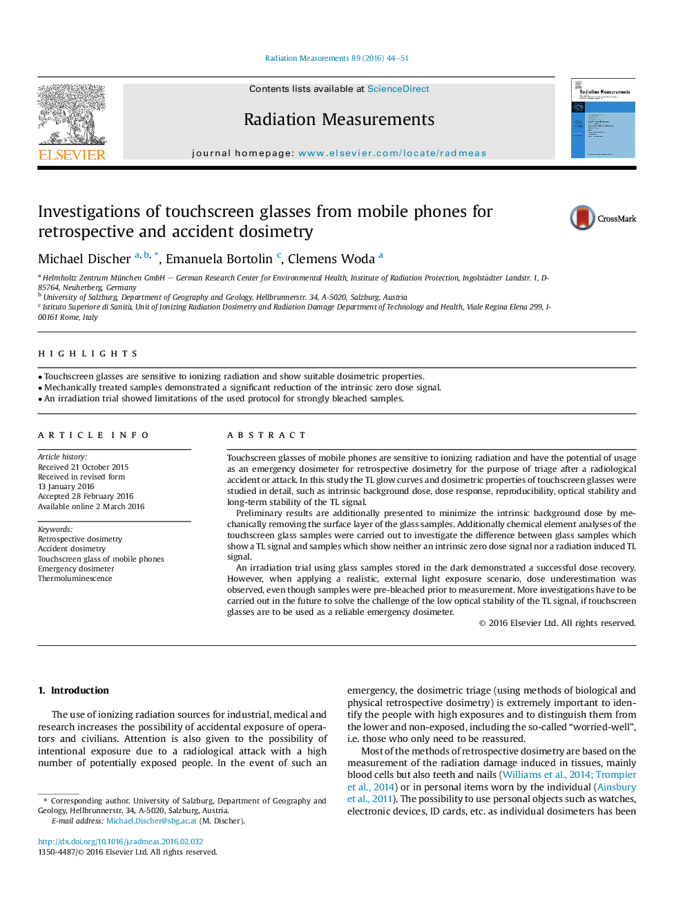 Investigations of touchscreen glasses from mobile phones for retrospective and accident dosimetry