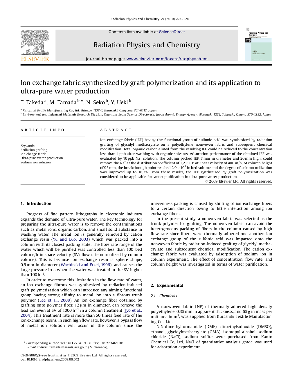 Ion exchange fabric synthesized by graft polymerization and its application to ultra-pure water production