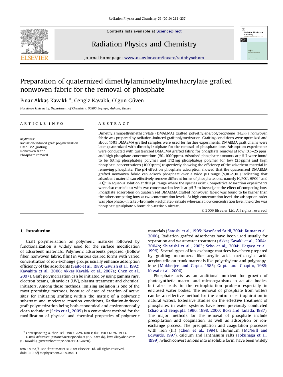 Preparation of quaternized dimethylaminoethylmethacrylate grafted nonwoven fabric for the removal of phosphate