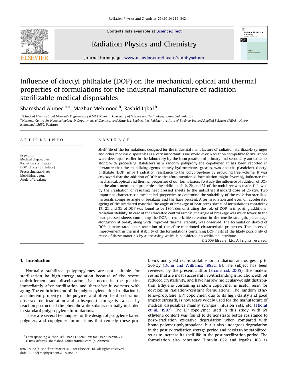 Influence of dioctyl phthalate (DOP) on the mechanical, optical and thermal properties of formulations for the industrial manufacture of radiation sterilizable medical disposables