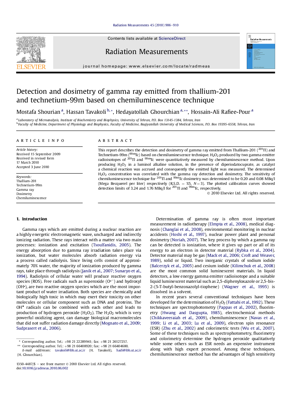 Detection and dosimetry of gamma ray emitted from thallium-201 and technetium-99m based on chemiluminescence technique