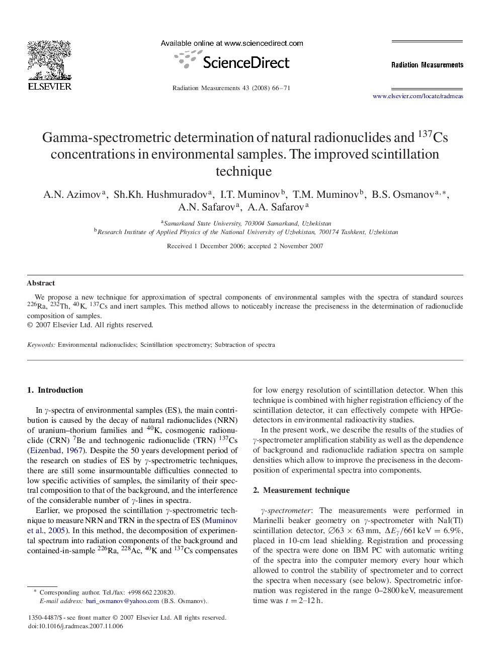 Gamma-spectrometric determination of natural radionuclides and 137Cs concentrations in environmental samples. The improved scintillation technique