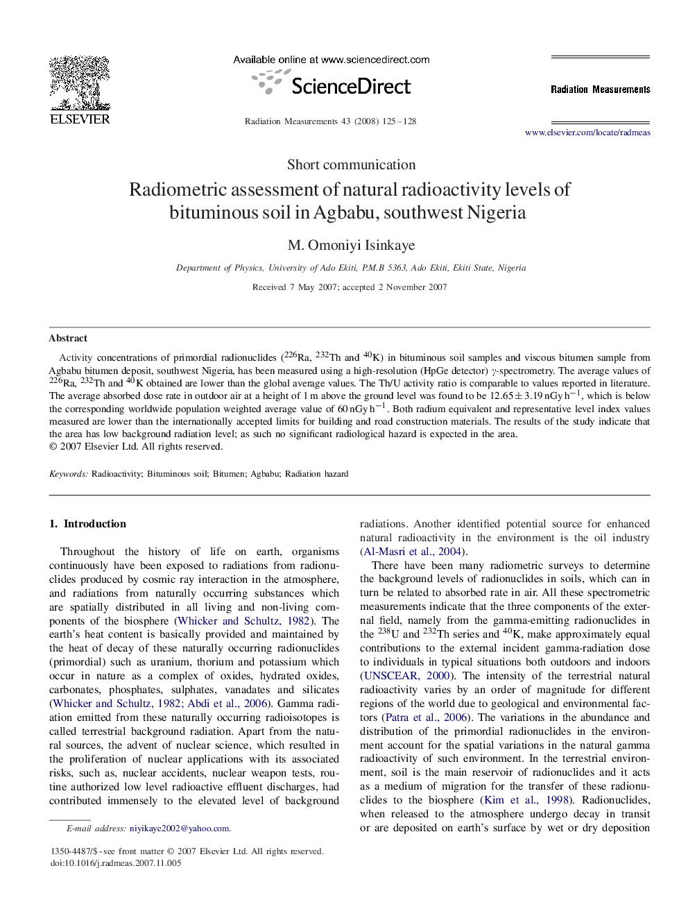 Radiometric assessment of natural radioactivity levels of bituminous soil in Agbabu, southwest Nigeria