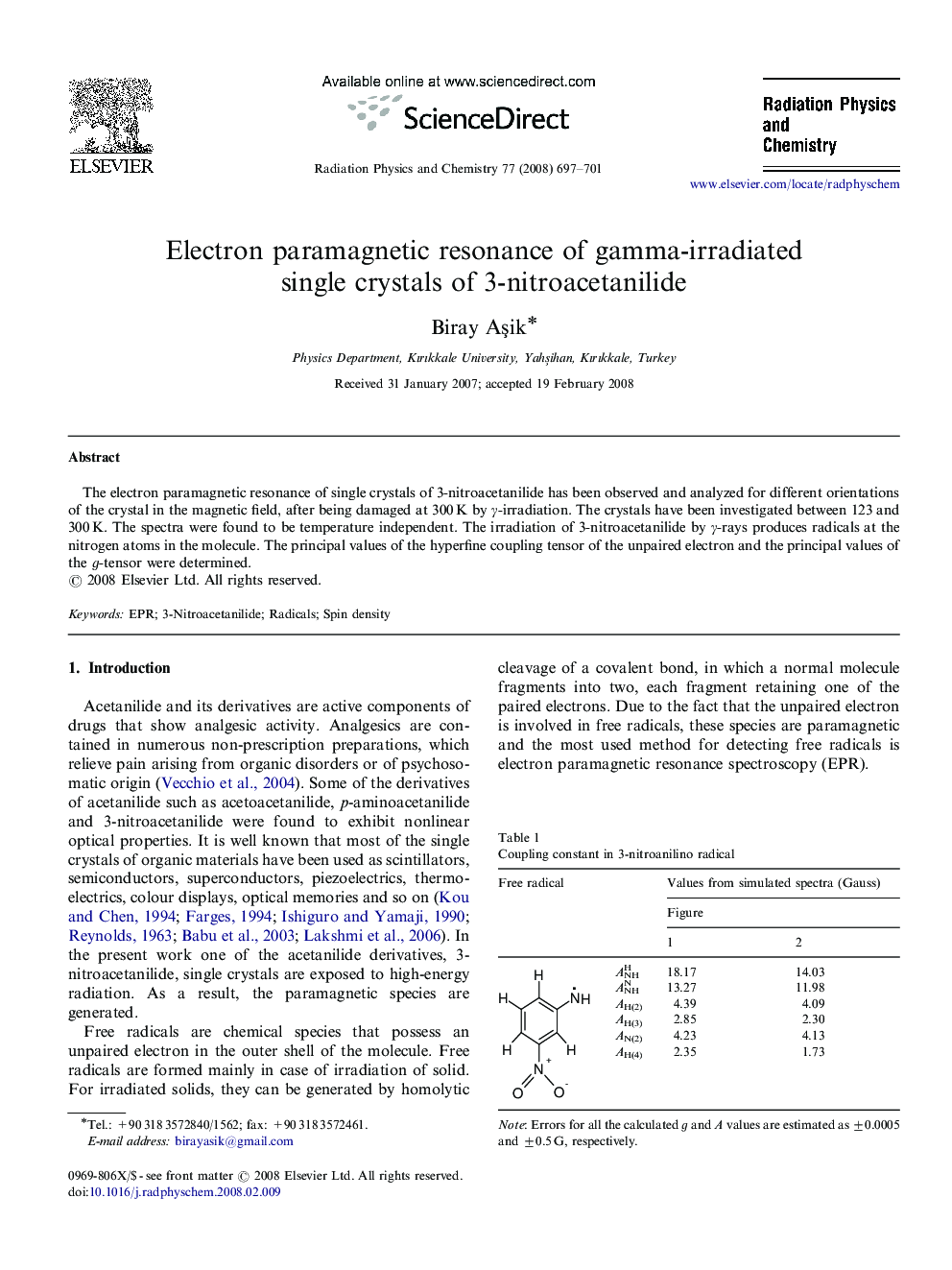 Electron paramagnetic resonance of gamma-irradiated single crystals of 3-nitroacetanilide