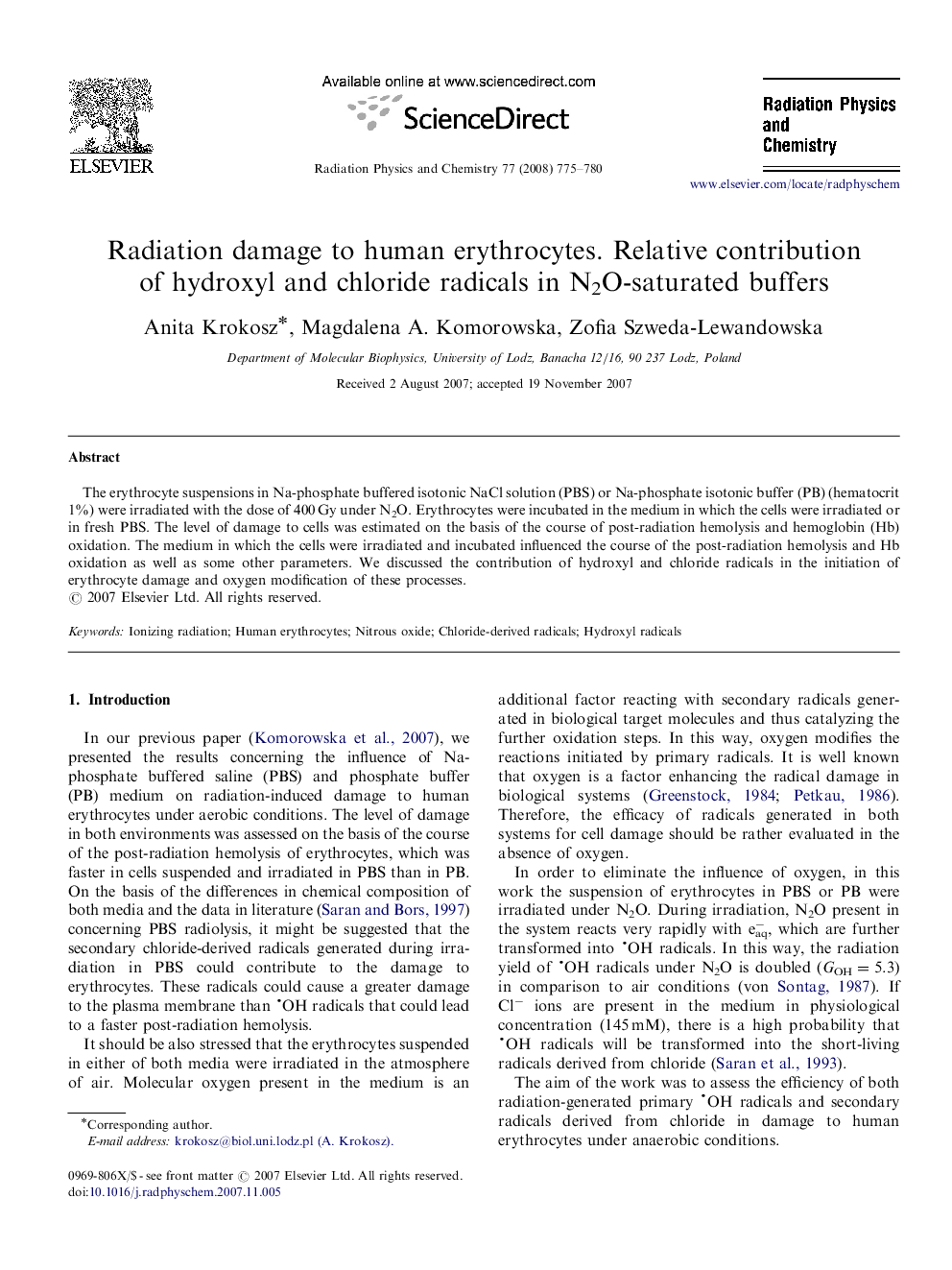 Radiation damage to human erythrocytes. Relative contribution of hydroxyl and chloride radicals in N2O-saturated buffers