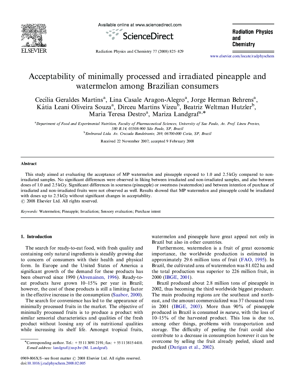 Acceptability of minimally processed and irradiated pineapple and watermelon among Brazilian consumers