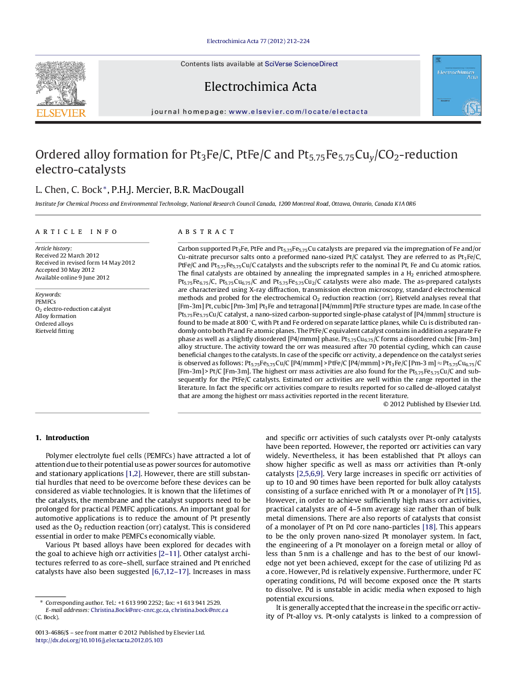 Ordered alloy formation for Pt3Fe/C, PtFe/C and Pt5.75Fe5.75Cuy/CO2-reduction electro-catalysts