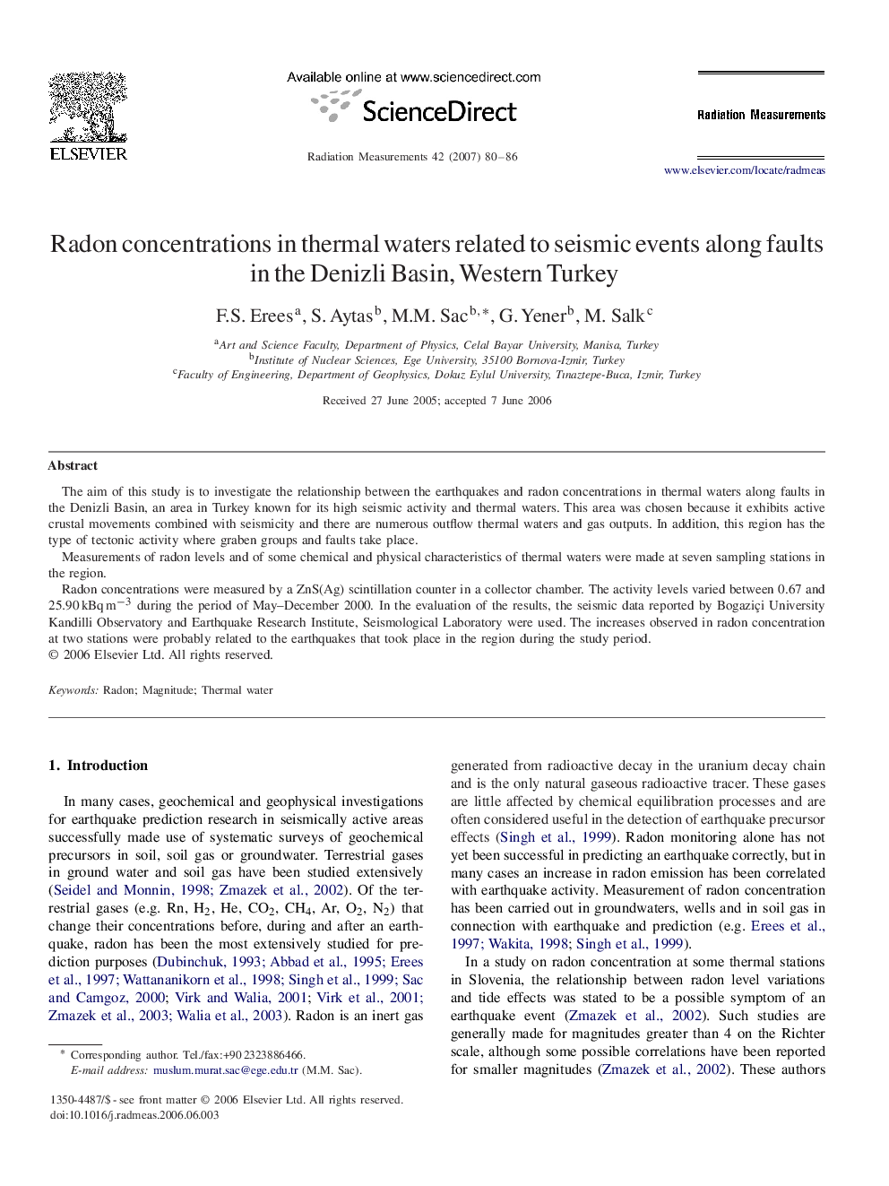 Radon concentrations in thermal waters related to seismic events along faults in the Denizli Basin, Western Turkey