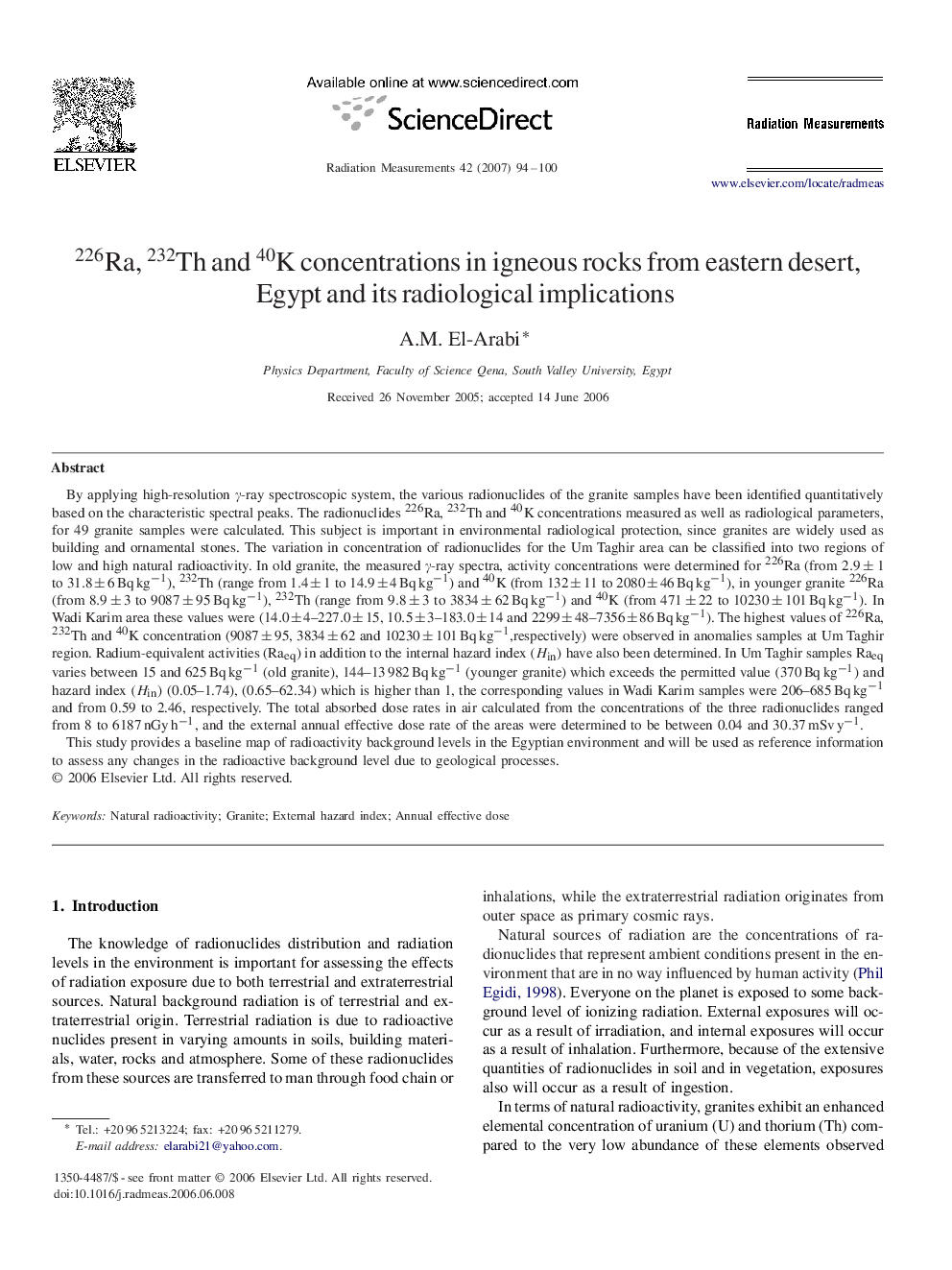 226Ra, 232Th and 40K concentrations in igneous rocks from eastern desert, Egypt and its radiological implications