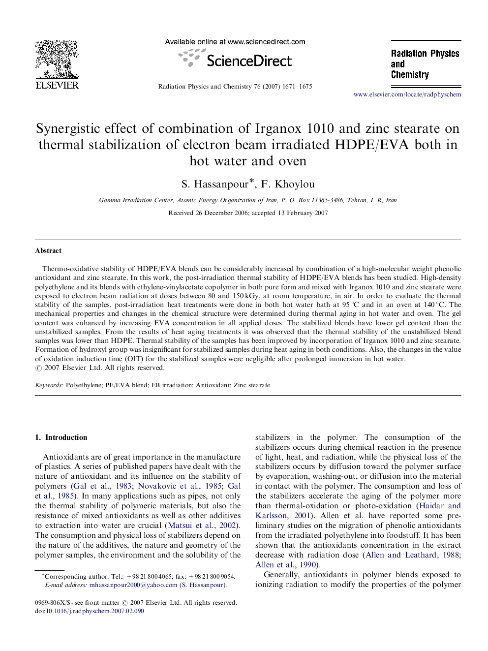 Synergistic effect of combination of Irganox 1010 and zinc stearate on thermal stabilization of electron beam irradiated HDPE/EVA both in hot water and oven