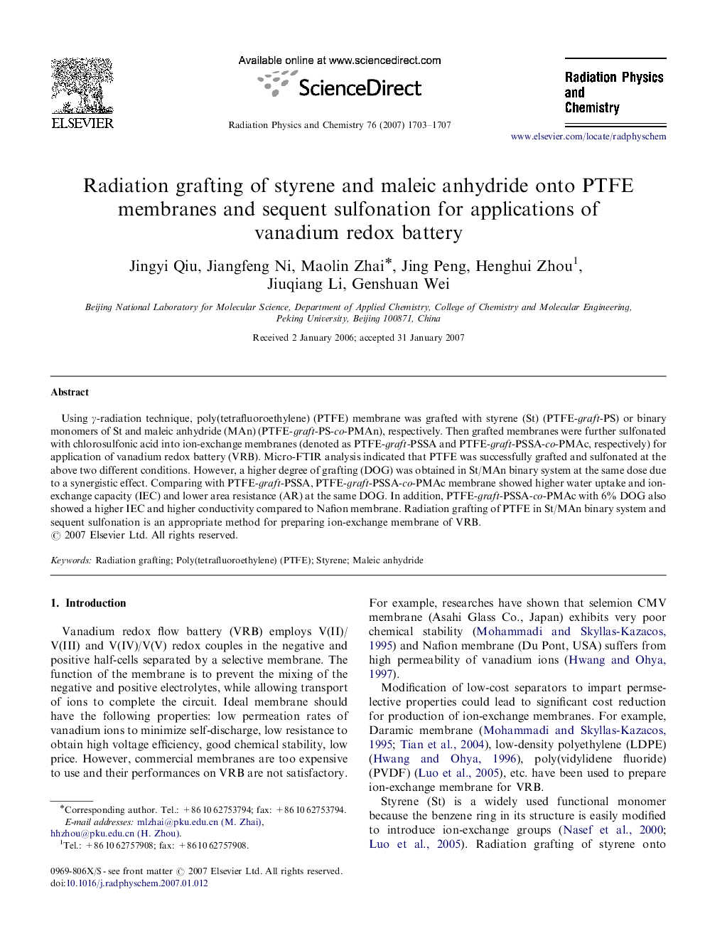 Radiation grafting of styrene and maleic anhydride onto PTFE membranes and sequent sulfonation for applications of vanadium redox battery