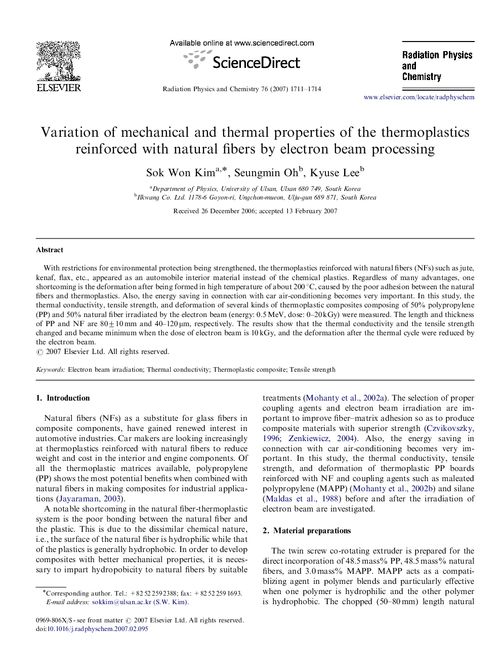 Variation of mechanical and thermal properties of the thermoplastics reinforced with natural fibers by electron beam processing