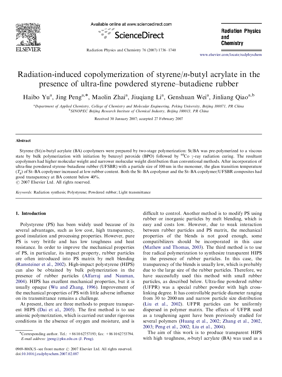 Radiation-induced copolymerization of styrene/n-butyl acrylate in the presence of ultra-fine powdered styrene–butadiene rubber