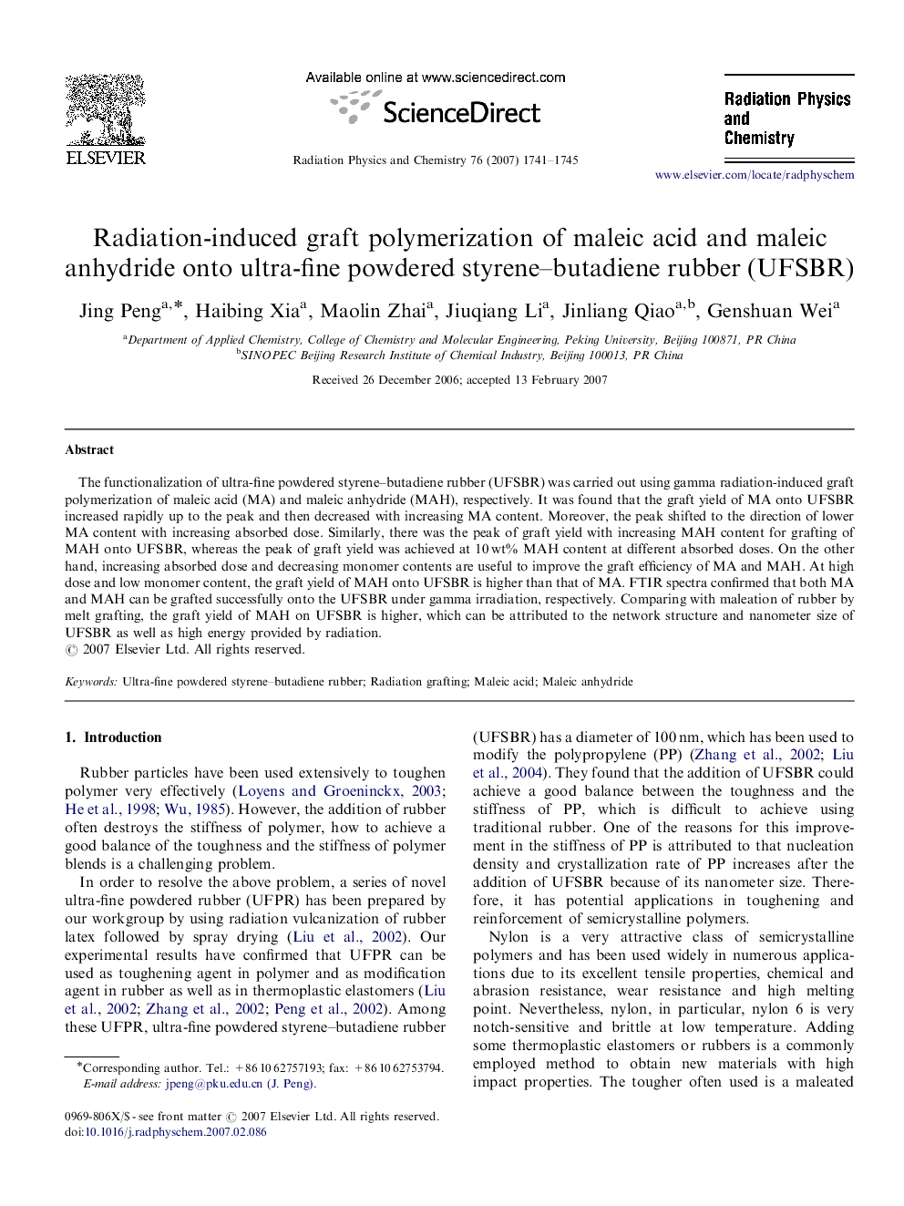 Radiation-induced graft polymerization of maleic acid and maleic anhydride onto ultra-fine powdered styrene–butadiene rubber (UFSBR)