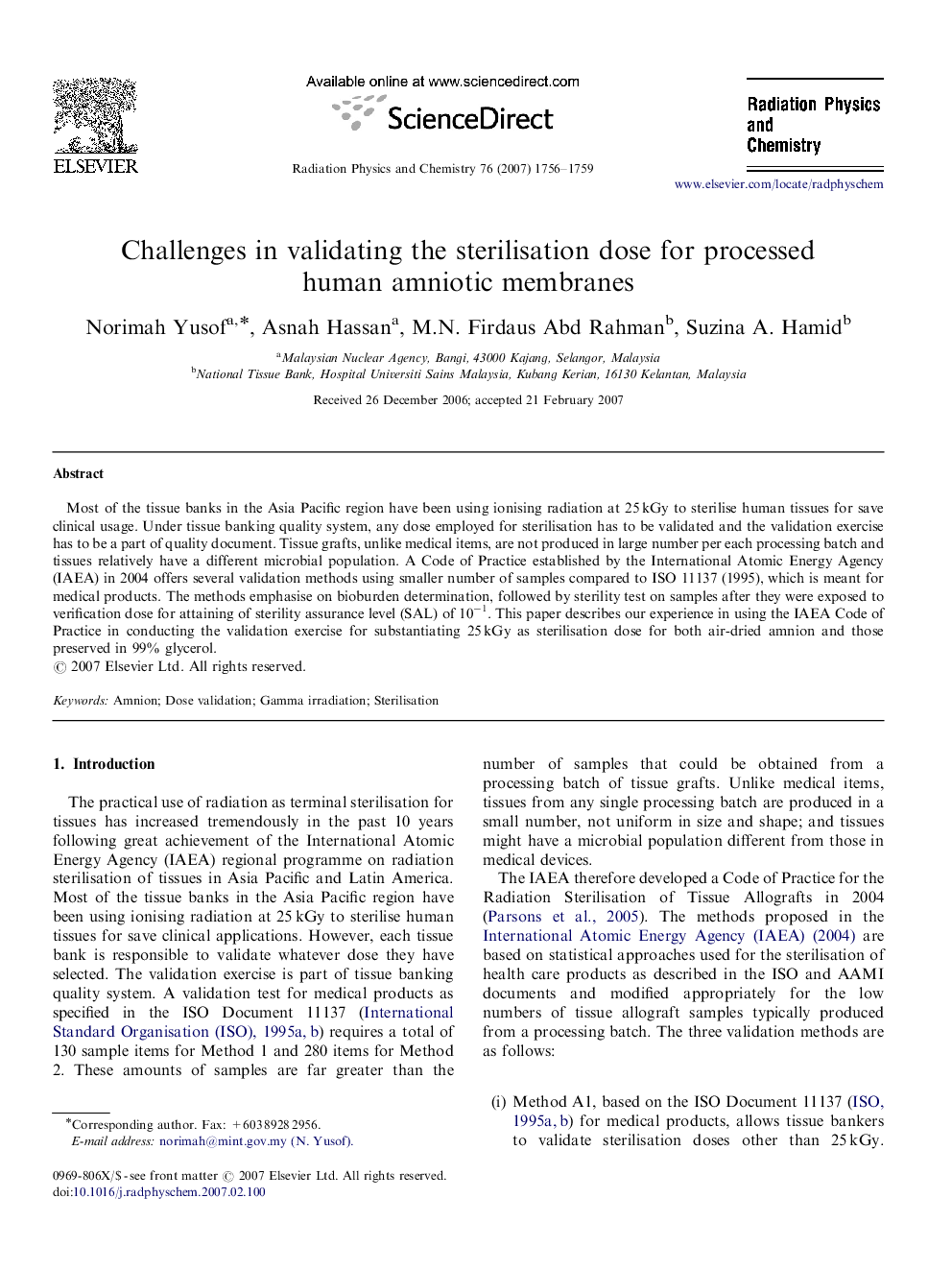 Challenges in validating the sterilisation dose for processed human amniotic membranes