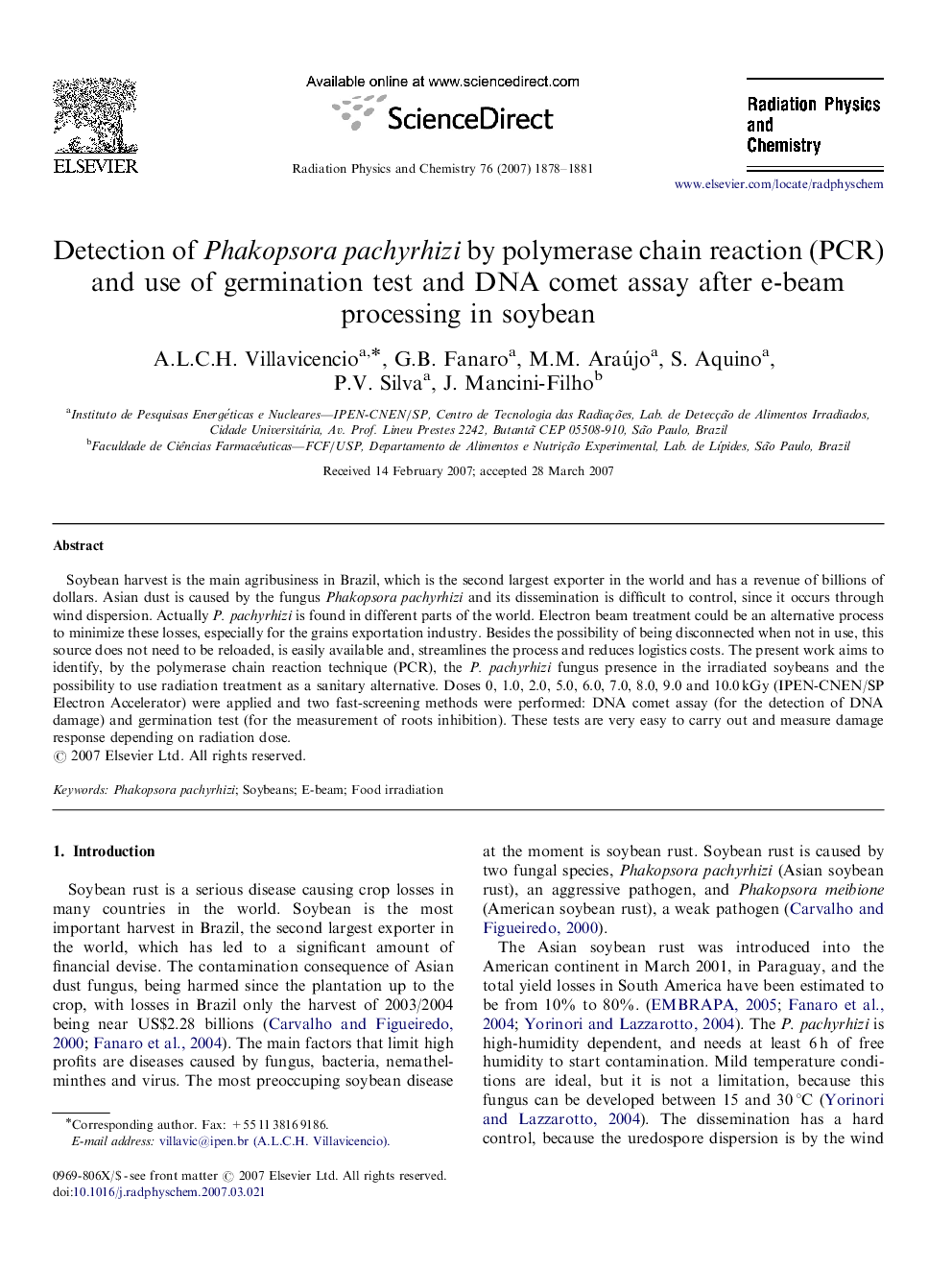 Detection of Phakopsora pachyrhizi by polymerase chain reaction (PCR) and use of germination test and DNA comet assay after e-beam processing in soybean