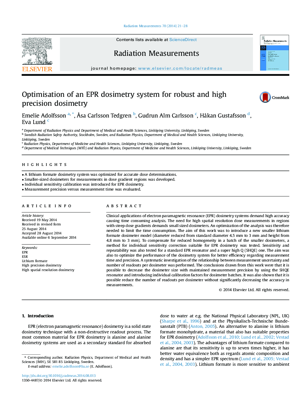 Optimisation of an EPR dosimetry system for robust and high precision dosimetry