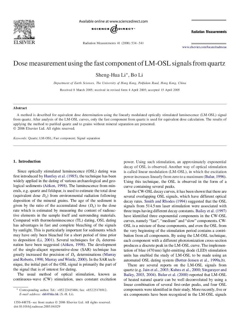 Dose measurement using the fast component of LM-OSL signals from quartz