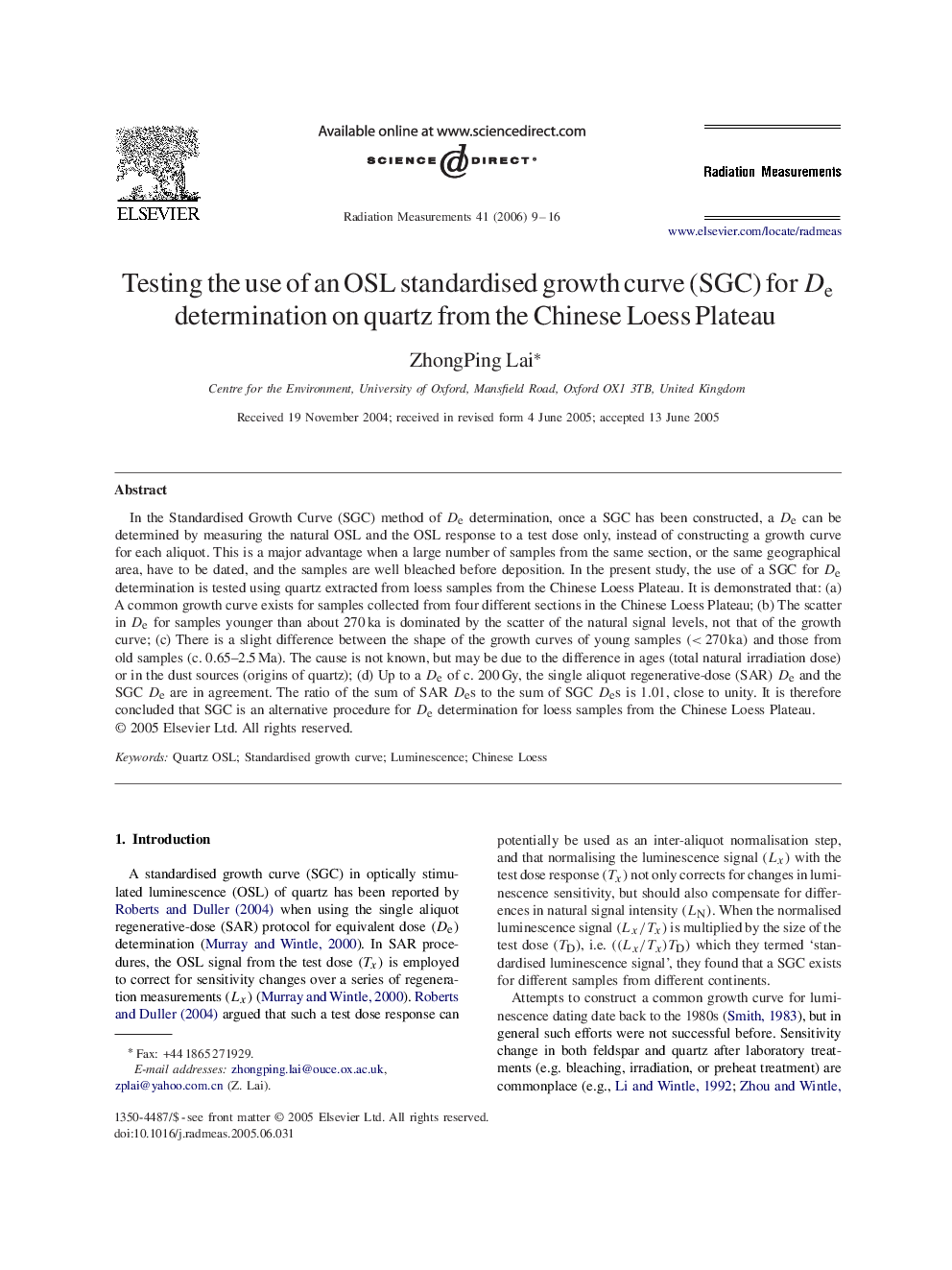 Testing the use of an OSL standardised growth curve (SGC) for DeDe determination on quartz from the Chinese Loess Plateau