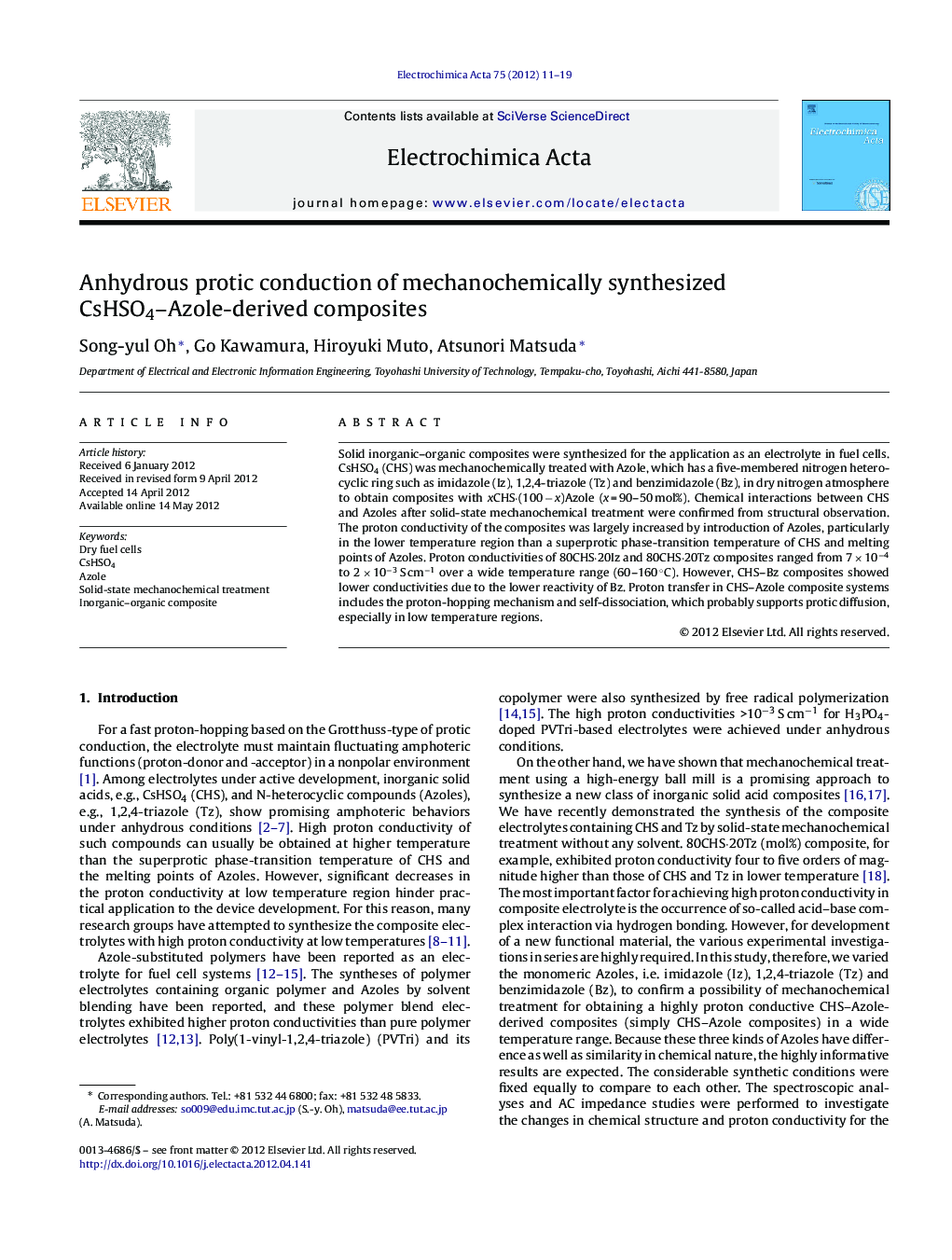 Anhydrous protic conduction of mechanochemically synthesized CsHSO4–Azole-derived composites