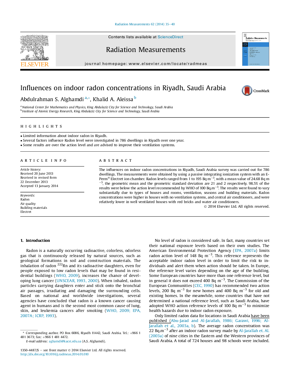 Influences on indoor radon concentrations in Riyadh, Saudi Arabia