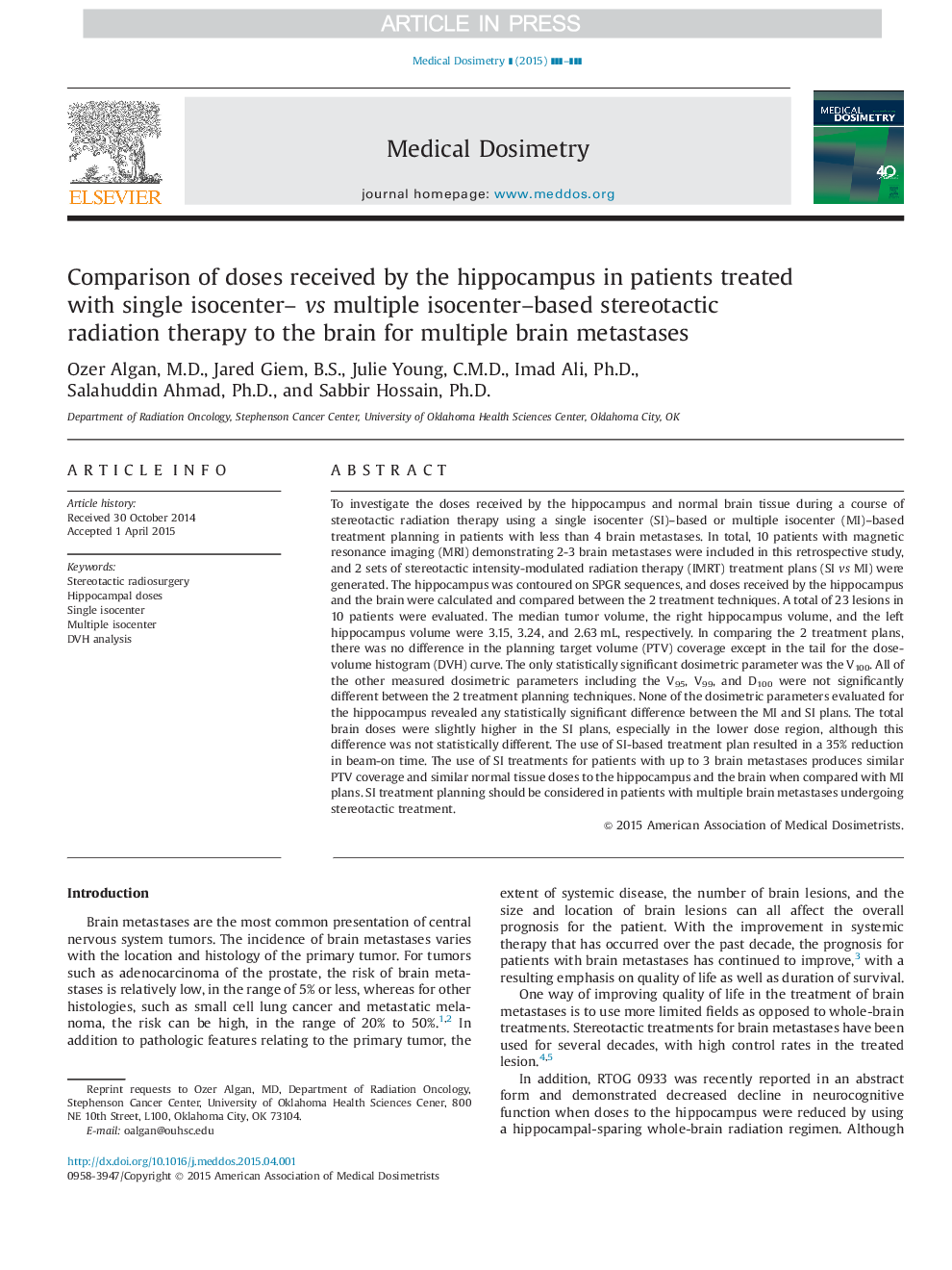 Comparison of doses received by the hippocampus in patients treated with single isocenter- vs multiple isocenter-based stereotactic radiation therapy to the brain for multiple brain metastases