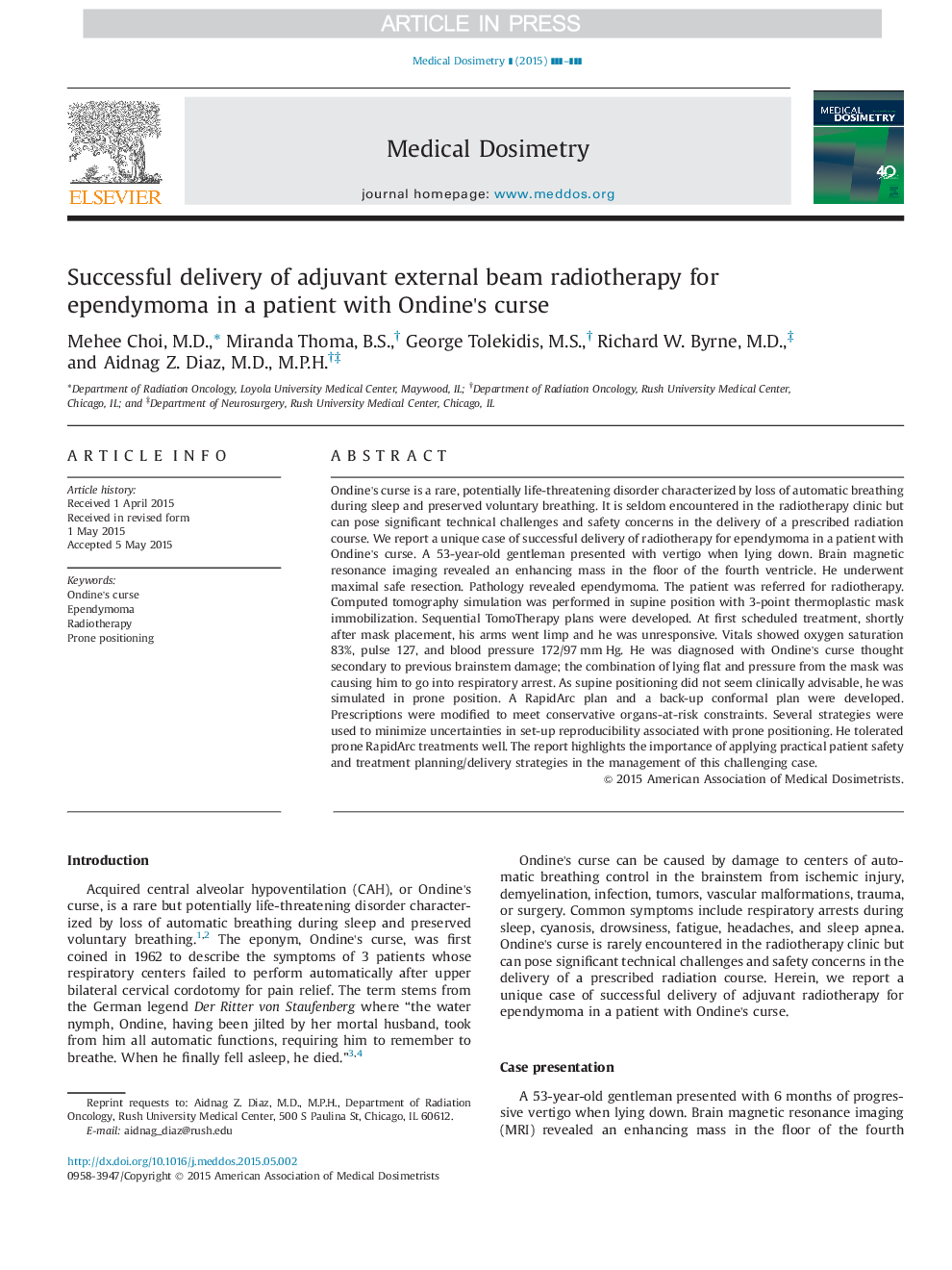 Successful delivery of adjuvant external beam radiotherapy for ependymoma in a patient with Ondine×³s curse