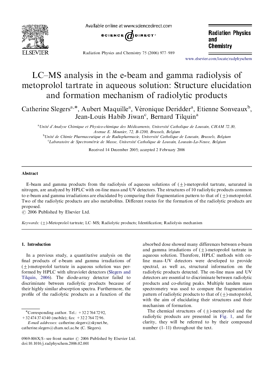 LC-MS analysis in the e-beam and gamma radiolysis of metoprolol tartrate in aqueous solution: Structure elucidation and formation mechanism of radiolytic products