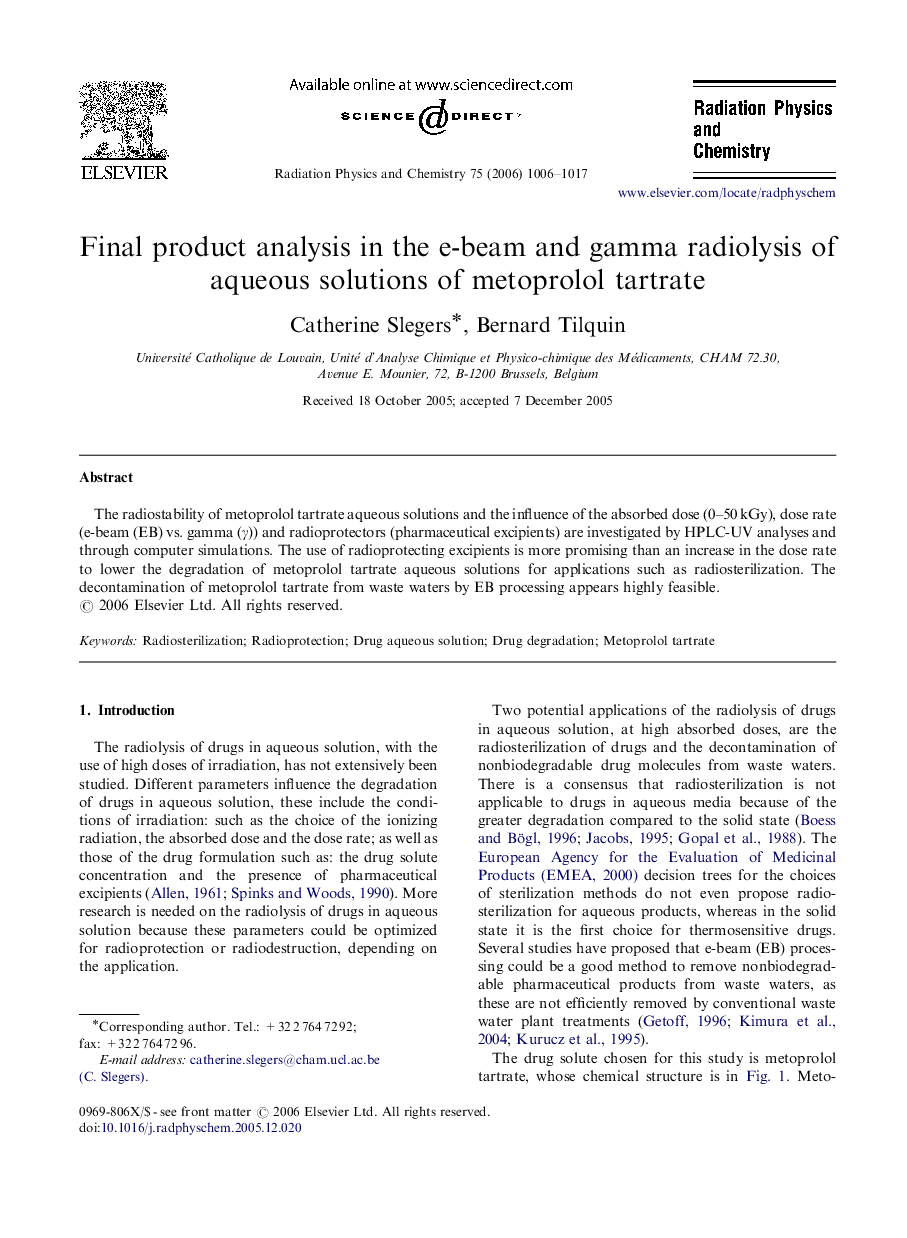 Final product analysis in the e-beam and gamma radiolysis of aqueous solutions of metoprolol tartrate