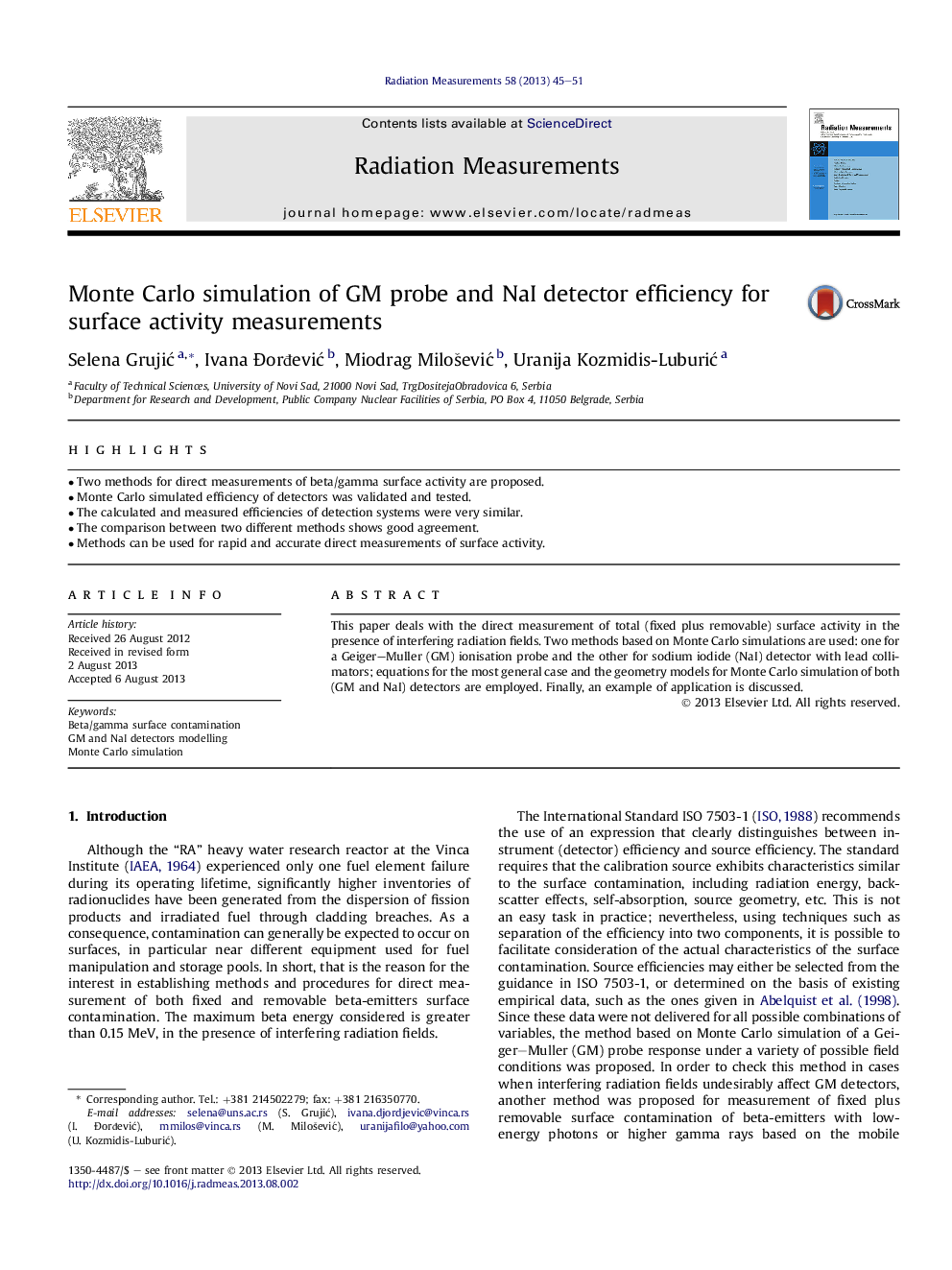 Monte Carlo simulation of GM probe and NaI detector efficiency for surface activity measurements