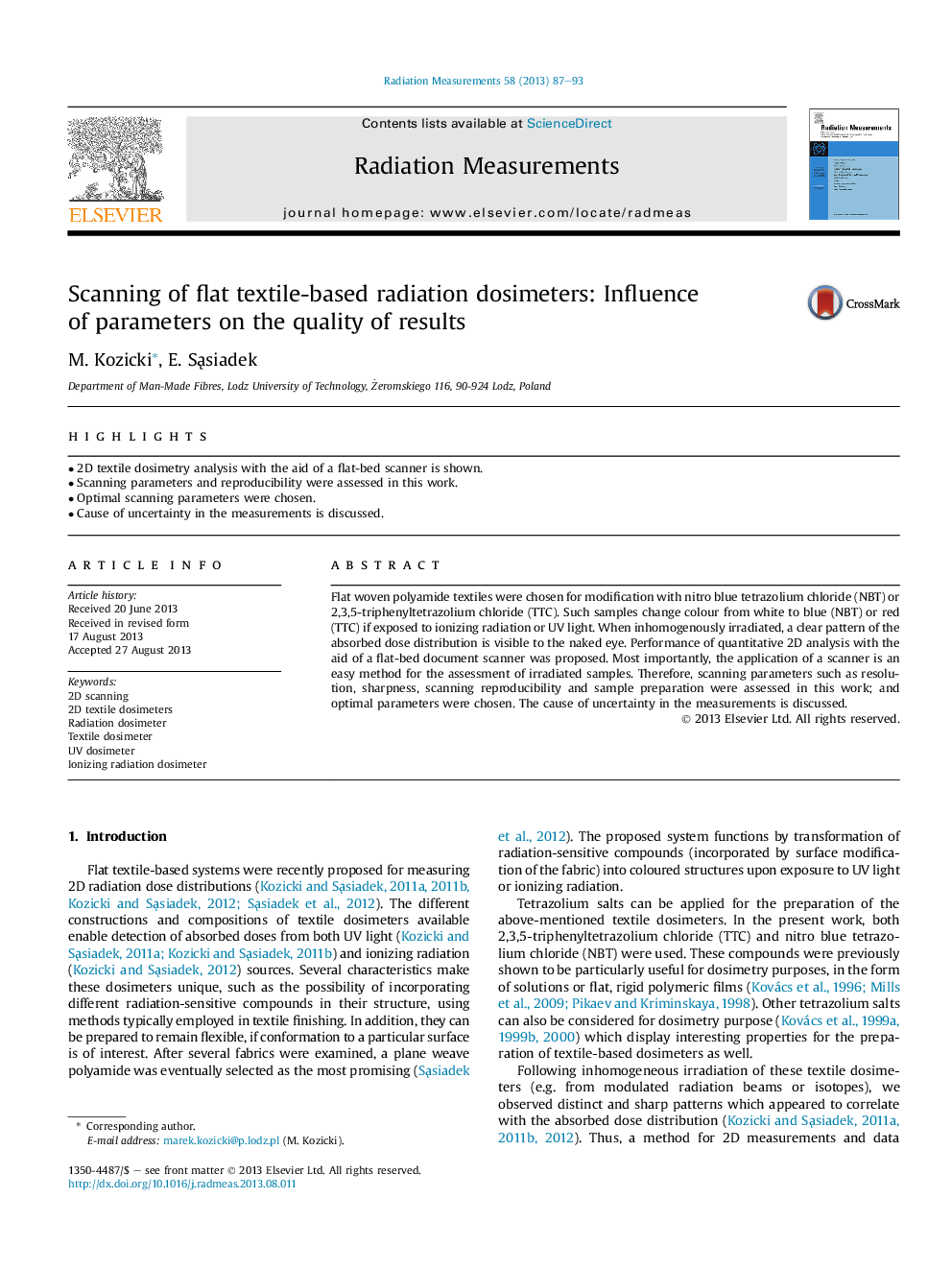 Scanning of flat textile-based radiation dosimeters: Influence ofÂ parameters on the quality of results