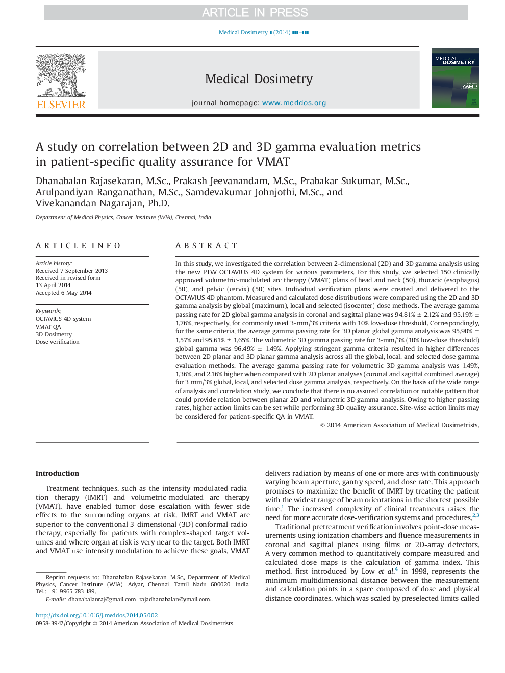 A study on correlation between 2D and 3D gamma evaluation metrics in patient-specific quality assurance for VMAT