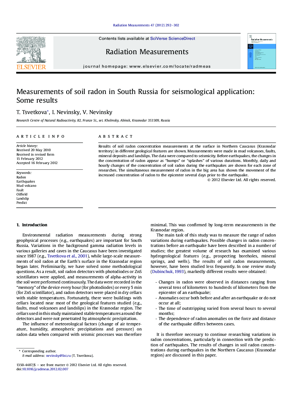 Measurements of soil radon in South Russia for seismological application: Some results