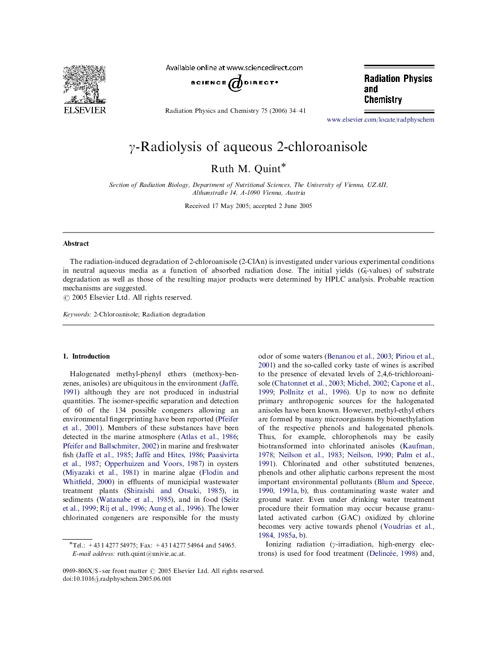 γ-Radiolysis of aqueous 2-chloroanisole