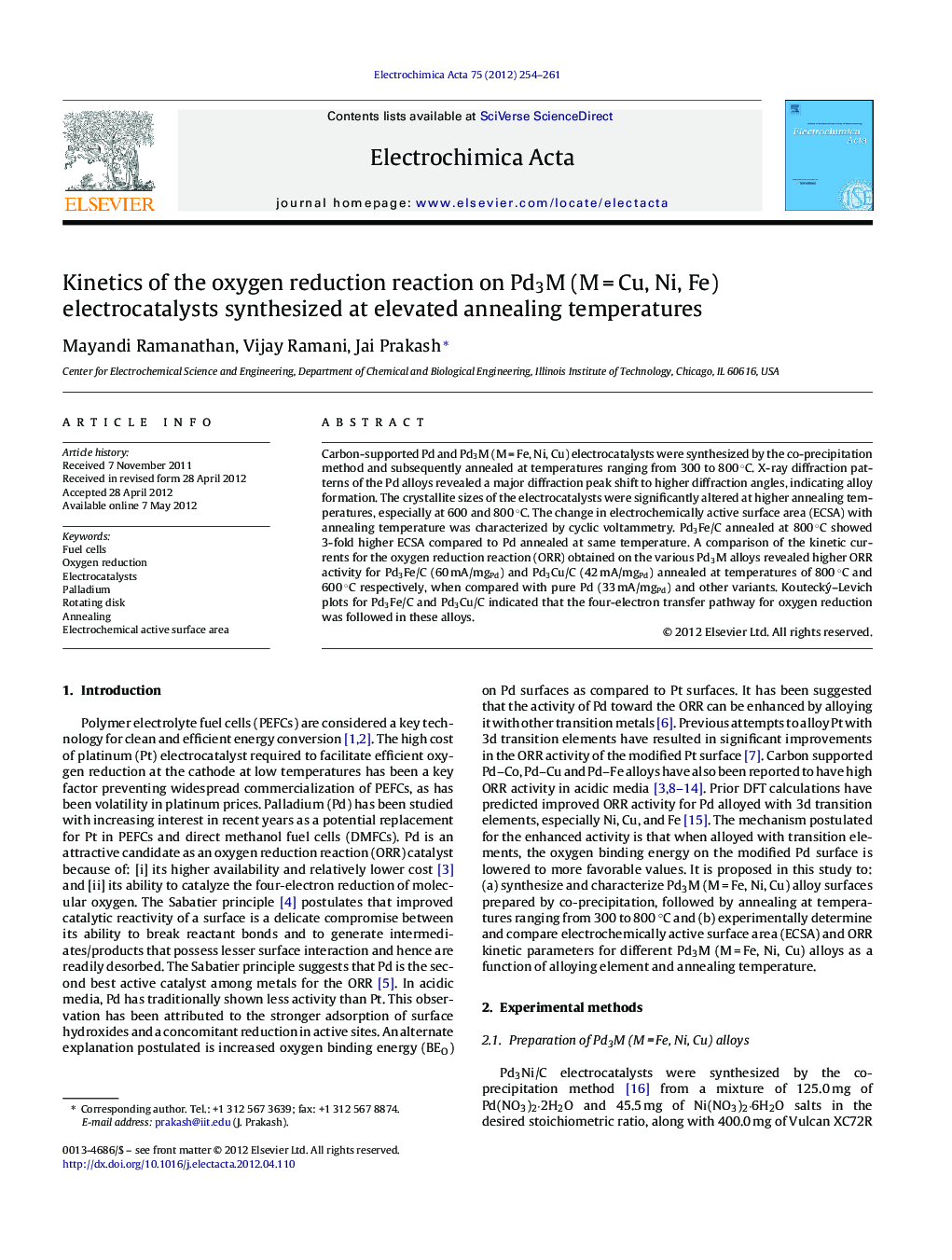 Kinetics of the oxygen reduction reaction on Pd3M (M = Cu, Ni, Fe) electrocatalysts synthesized at elevated annealing temperatures