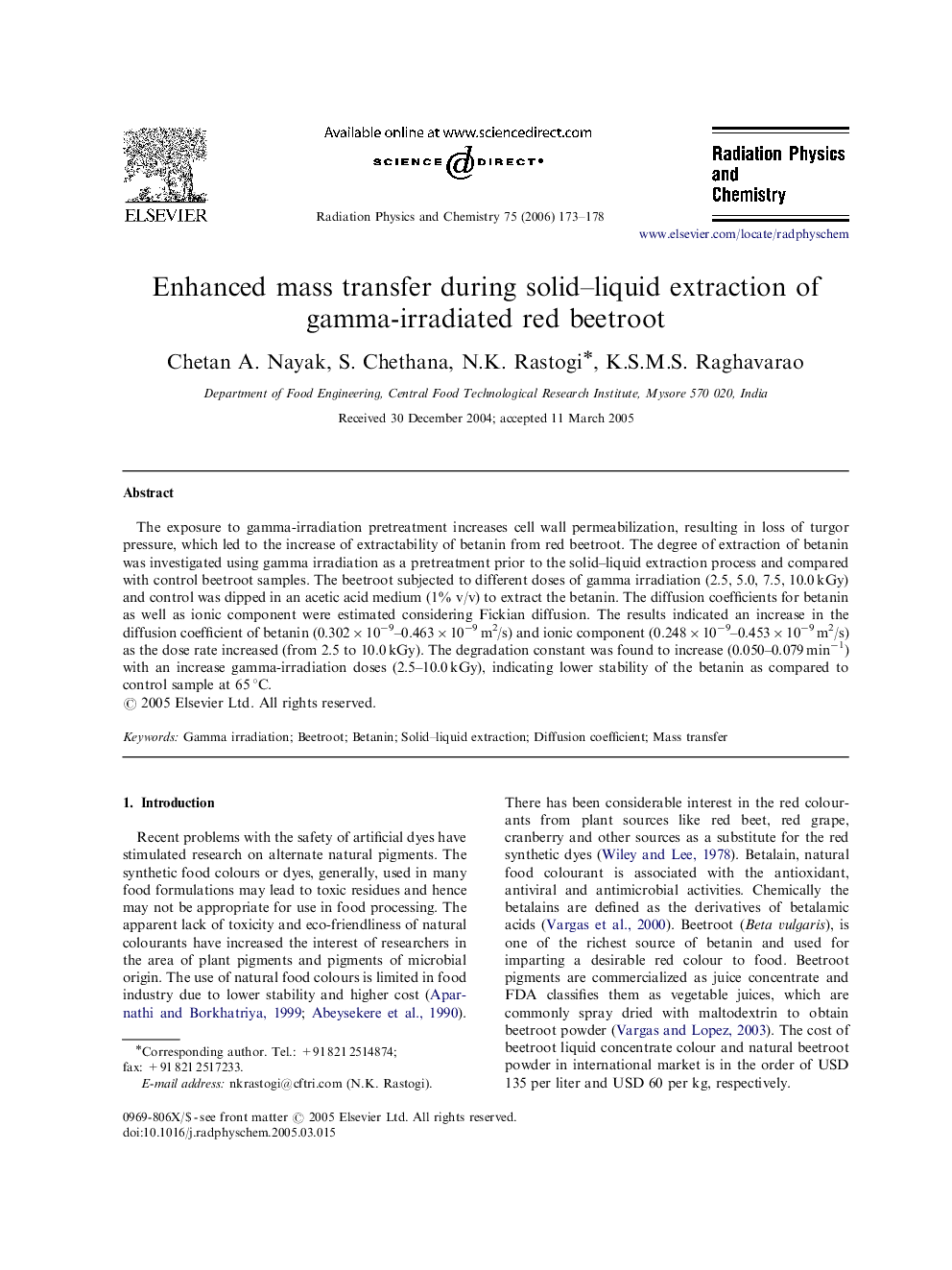 Enhanced mass transfer during solid–liquid extraction of gamma-irradiated red beetroot