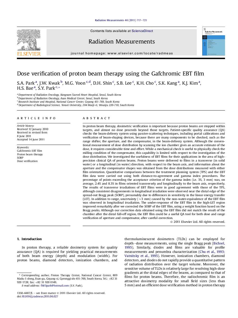 Dose verification of proton beam therapy using the Gafchromic EBT film