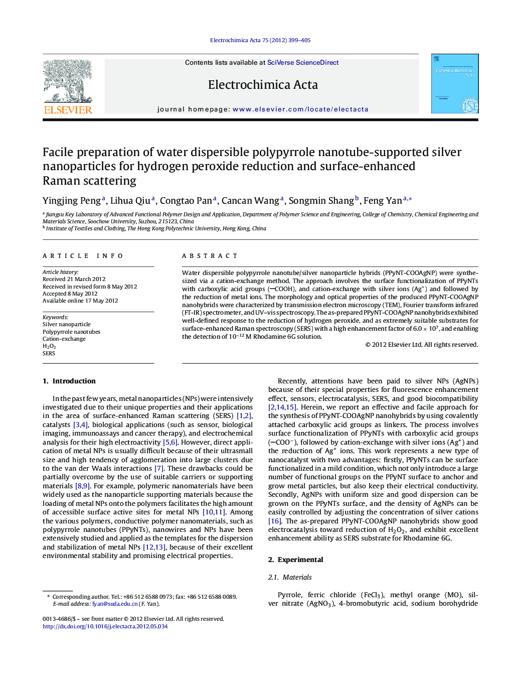 Facile preparation of water dispersible polypyrrole nanotube-supported silver nanoparticles for hydrogen peroxide reduction and surface-enhanced Raman scattering