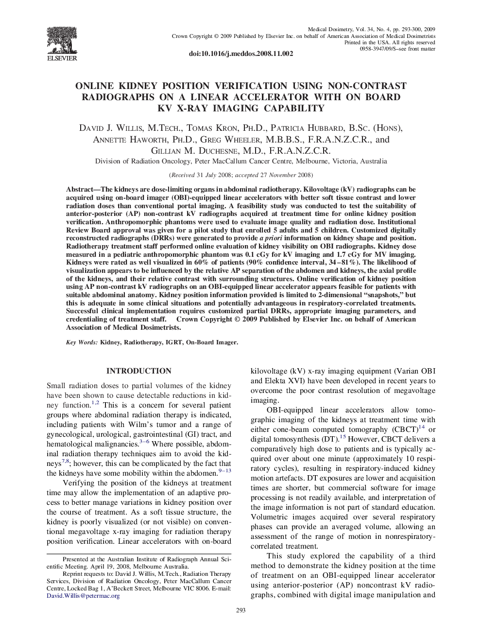 Online Kidney Position Verification Using Non-Contrast Radiographs on a Linear Accelerator with on Board KV X-Ray Imaging Capability