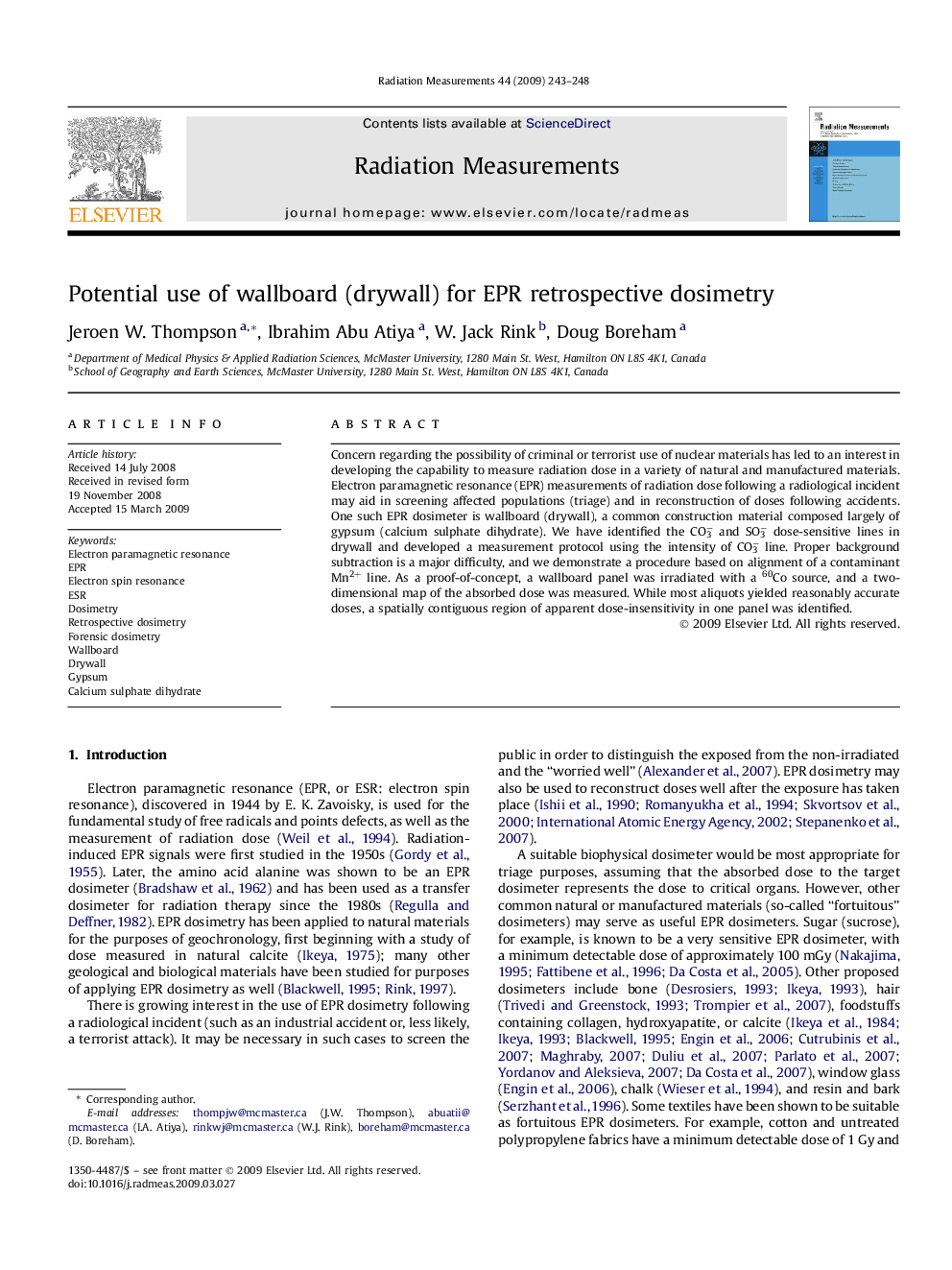 Potential use of wallboard (drywall) for EPR retrospective dosimetry