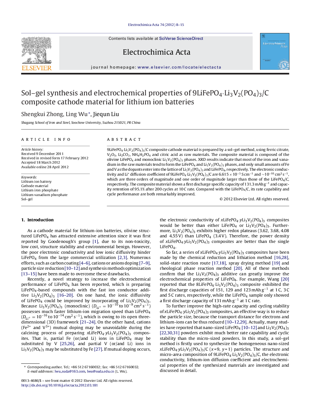 عکس صفحه اول مقاله: Sol–gel synthesis and electrochemical properties of 9LiFePO4·Li3V2(PO4)3/C composite cathode material for lithium ion batteries Sol–gel synthesis and electrochemical properties of 9LiFePO4·Li3V2(PO4)3/C composite cathode material for lithium ion batteries