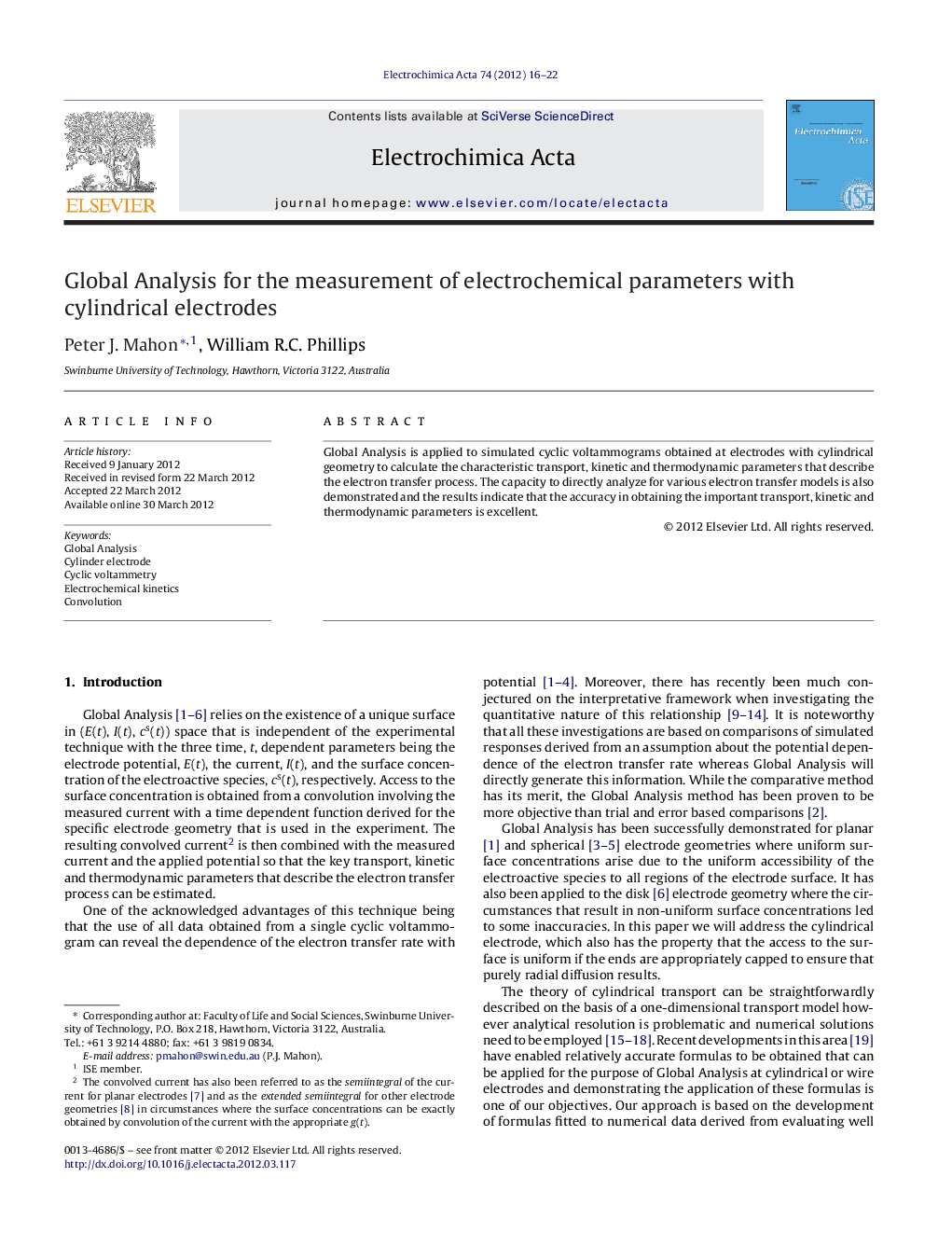 عکس صفحه اول مقاله: Global Analysis for the measurement of electrochemical parameters with cylindrical electrodes Global Analysis for the measurement of electrochemical parameters with cylindrical electrodes
