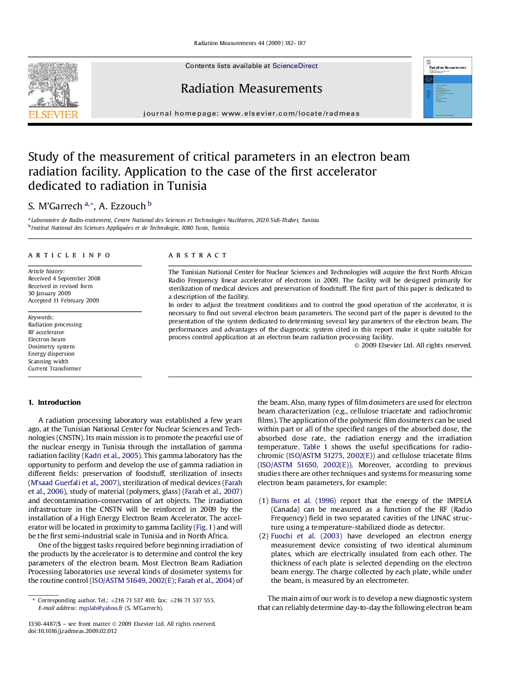 Study of the measurement of critical parameters in an electron beam radiation facility. Application to the case of the first accelerator dedicated to radiation in Tunisia