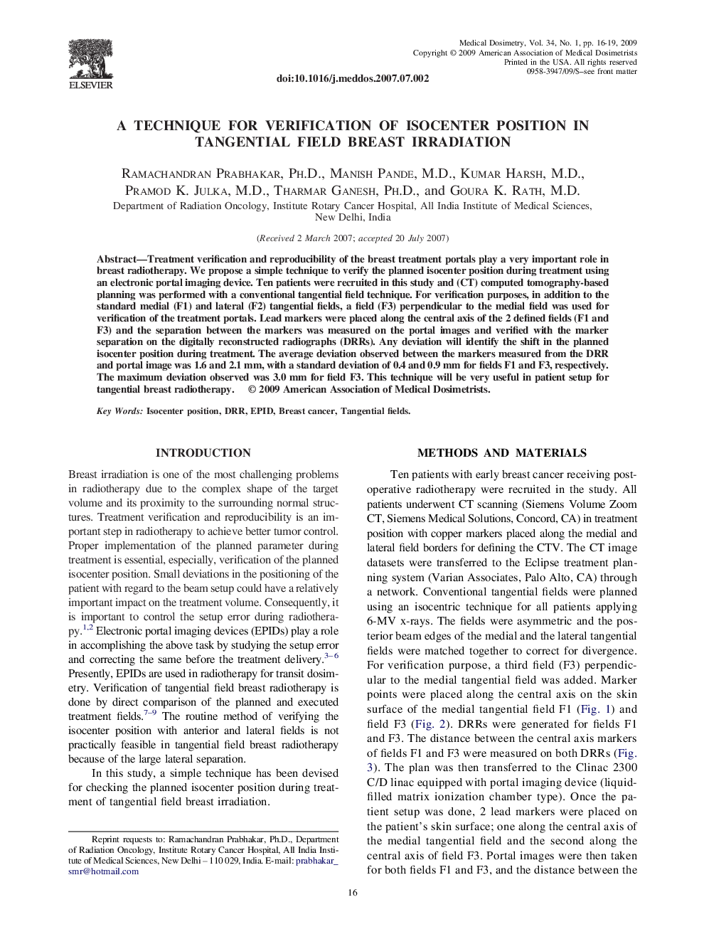 A Technique for Verification of Isocenter Position in Tangential Field Breast Irradiation